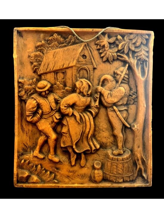 Unknown Other - Vtg Belgian Hand-Carved Wax Relief Panel Breughel Style Scene Wall Art